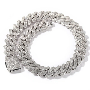 Detail shot of 20mm silver iced out Cuban link chain with pave zircon box clasp