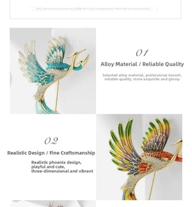 Macro detail of enamel phoenix brooch with blue gradients and sparkling zircons