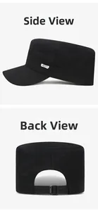 Side and back view of a black cotton military flat cap with metal Sport tag and adjustable buckle