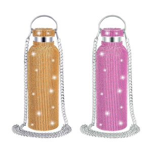 Sparkling diamond insulated coffee tumbler with crossbody chain in gold and pink colors