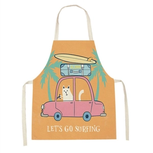 Detail of cartoon white cat driving car to surf printed on orange linen apron