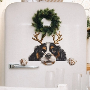 Christmas Cavalier King Charles Spaniel decal with antlers on a white vintage fridge