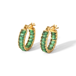 Luxurious 18k gold plated stainless steel hoop earrings with emerald green zircon stones