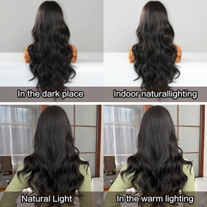 Detail views of long wavy black synthetic hair wig under different lighting conditions
