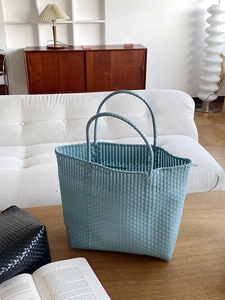 Detail shot of light blue woven tote bag showing intricate cross-weave texture and handle