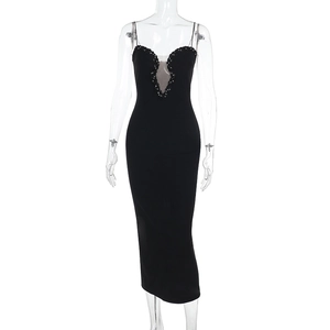 Detail of sequin lace V-neckline and sheer mesh patchwork on black knit bodycon maxi dress