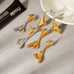 Stainless Steel Drop Earrings Irregular Geometric Fluid Shape Two Tone Metallic Luster High End Fashion For Women