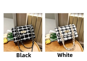 Close-up of black and white tweed chain bags with metal turn-lock and woven textures