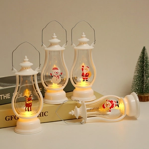 Vintage white Christmas lanterns with LED candles and festive elk and snowman figures