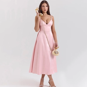 Pink satin V-neck dress with open back and a-line silhouette for elegant evening wear