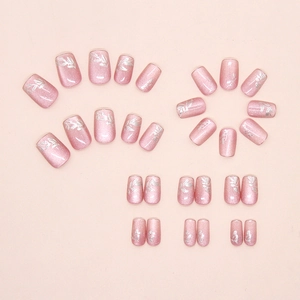 Pink cat eye short press-on nails with silver leaf art and glitter finish
