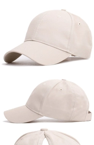 Detailed views of beige cotton ponytail baseball cap with adjustable back closure