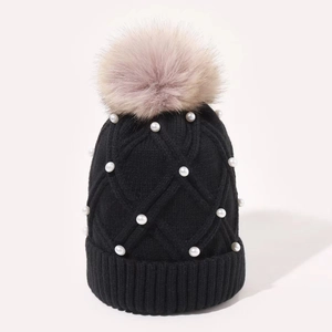 Black knit beanie with pearls and large pom pom, warm winter hat for women