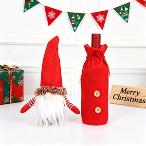 Christmas faceless gnome wine bottle cover and red drawstring bag with wooden buttons