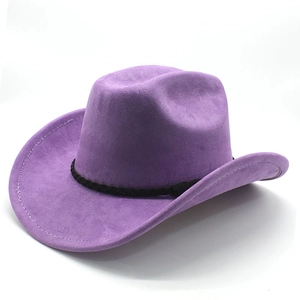 Detailed view of a purple western cowboy hat featuring a black woven band and felt texture