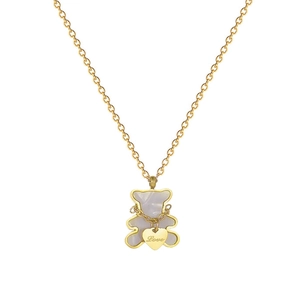 Minimalist titanium steel gold necklace featuring a purple bear and love heart pendant