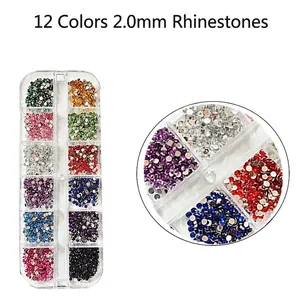 12 colors 2.0mm colored rhinestones set in clear plastic box for nail art DIY crafts