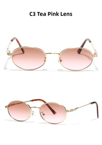 Detail view of oval metal sunglasses with tea pink lenses and gold frames