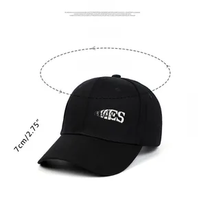 Detail view of black cotton baseball cap with size and dimensions diagram