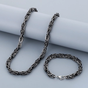 Men Byzantine King Chain Stainless Steel Retro Embossed V Pattern Necklace And Bracelet Jewelry Punk Style Hip Hop