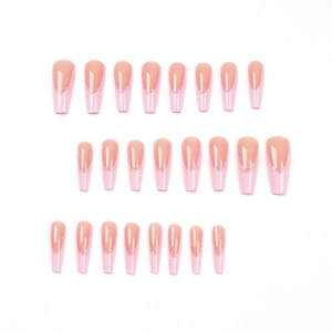 Long coffin french tip press-on nails with pink gradient and silver glitter accents