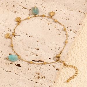 Ocean Fish Charm Anklet Women 18K Gold Plated Stainless Steel Natural Amazonite Stone Summer Beach Elegant Jewelry