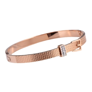 Elegant rose gold bracelet with rhinestone belt buckle design on white background