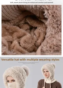 Close-up of thick fleece lining and multifunctional earflap knitted hat with face mask