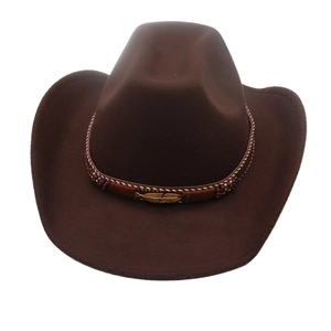 Classic dark brown western cowboy hat with woven band and golden feather buckle detail
