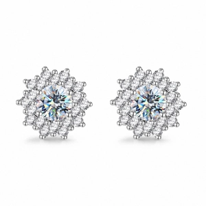 Macro shot of sparkling moissanite sunflower stud earrings in 925 sterling silver
