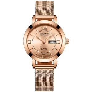 Rose gold quartz watch for women with mesh steel strap and dual calendar display
