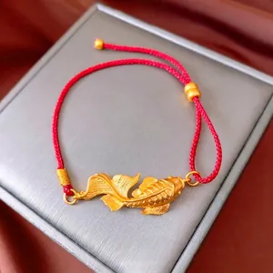 Vintage Chinese Style Red Braided Rope Bracelet With Gold Koi Fish Pendant Adjustable Copper Jewelry For Women