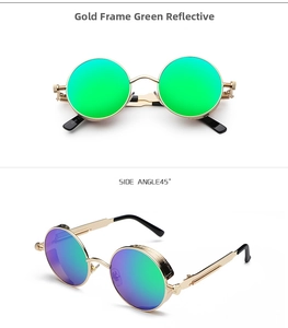 Detailed side view of steampunk sunglasses with gold metal frame and green gradient lens