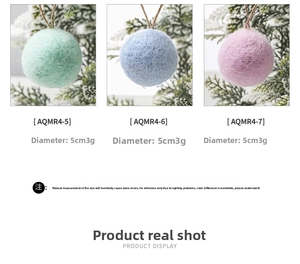 Close-up of 5cm pastel felt wool Christmas ball ornaments with detailed dimensions and weight