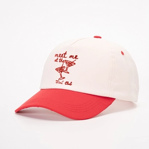 Cream and red baseball cap with Meet Me at The Tini Club embroidery and wine glass detail