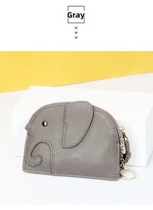 Detail of grey elephant leather coin purse with golden zipper and keychain hardware