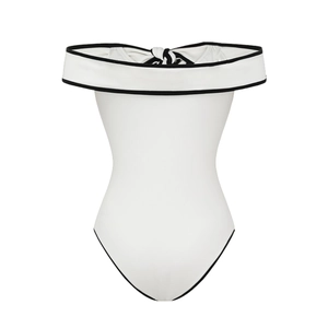 Detail of off-shoulder one-piece swimsuit with black contrast piping and bow back tie