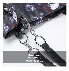 Close-up of durable silver metal rings and chain links on a skull pattern oxford tote bag