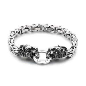 Men's hip hop lion head link bracelet in polished silver stainless steel with weave chain