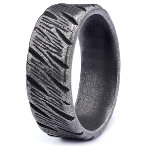 Industrial textured stainless steel ring for men with vintage matte finish and rugged pattern