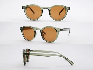 Drei Ansichten einer runden Retro-Sonnenbrille in Transparent-Grün mit orangefarbenem Glas