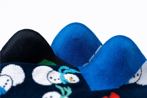 Macro shot of cotton winter socks showing knitted heel detail and cartoon snowman pattern