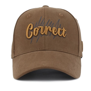 Brown baseball cap with Correct 3D gold embroidery and blue stitching on high crown
