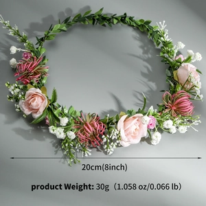 Detail view of pink rose floral headband with 20cm diameter and 30g weight specifications