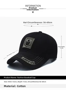 Detailed size chart for cotton baseball cap with U.S. ARMY embroidery and camouflage accents