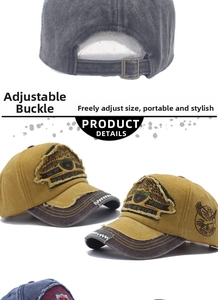 Detail showing the adjustable metal slide buckle and vintage embroidery on a washed denim cap