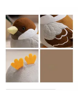Close-up of bird plush toy showing stitching detail, beak, and orange bird feet