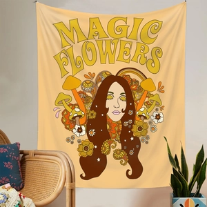 Detail of vintage bohemian tapestry featuring magic flowers and 70s retro portrait art