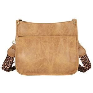 Brown vintage faux leather crossbody bag with adjustable leopard print wide strap