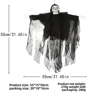 Close-up of hanging Halloween skeleton ghost with black gauze and 55cm size markers